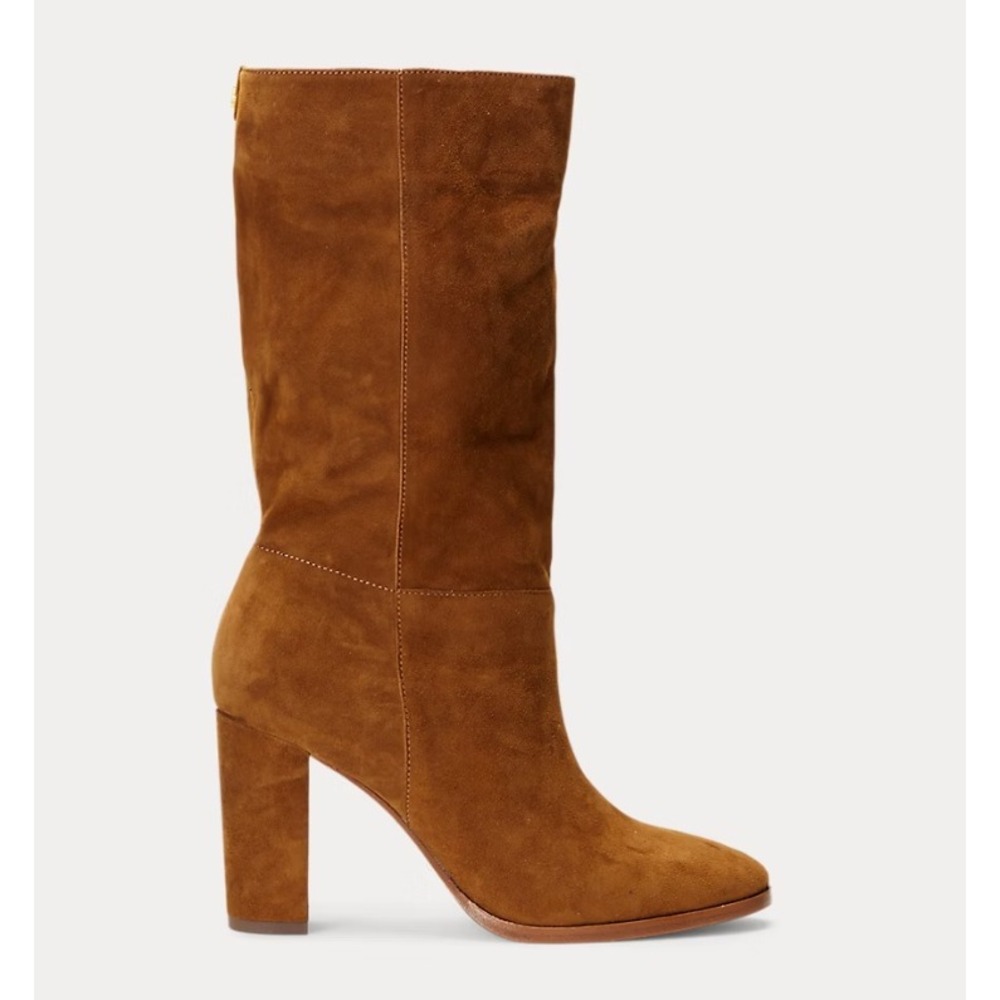 Ralph Lauren Artizan II Slouchy Suede Boots Tobacco Brown Mid Calf Women 8.5 NEW